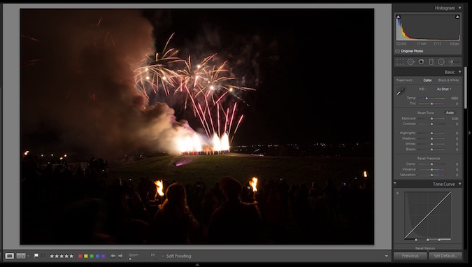 Contrast tutorial with fireworks at hogmanay in Lightroom - before