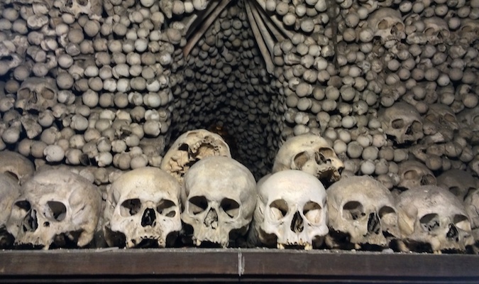 skulls at the sedlec ossuary in kutna hora