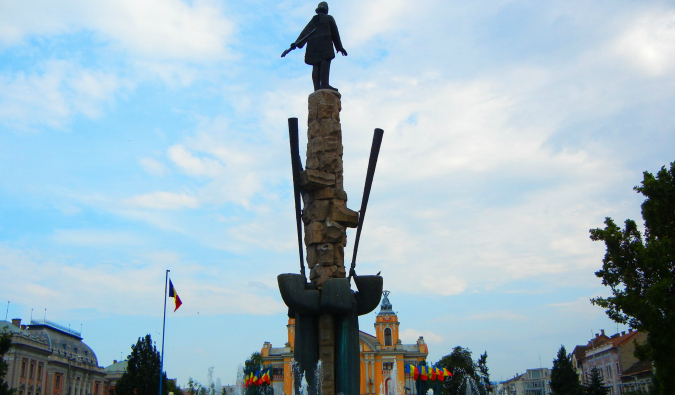 A large pillar statue of Vlad the Impaler in Romania