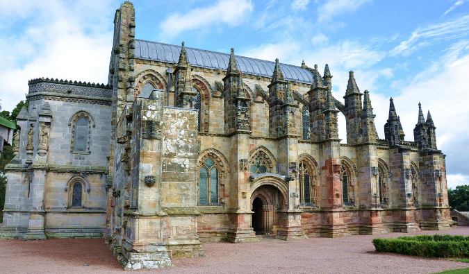 Rosslyn Chapel exterior on a sunny day in Scotland