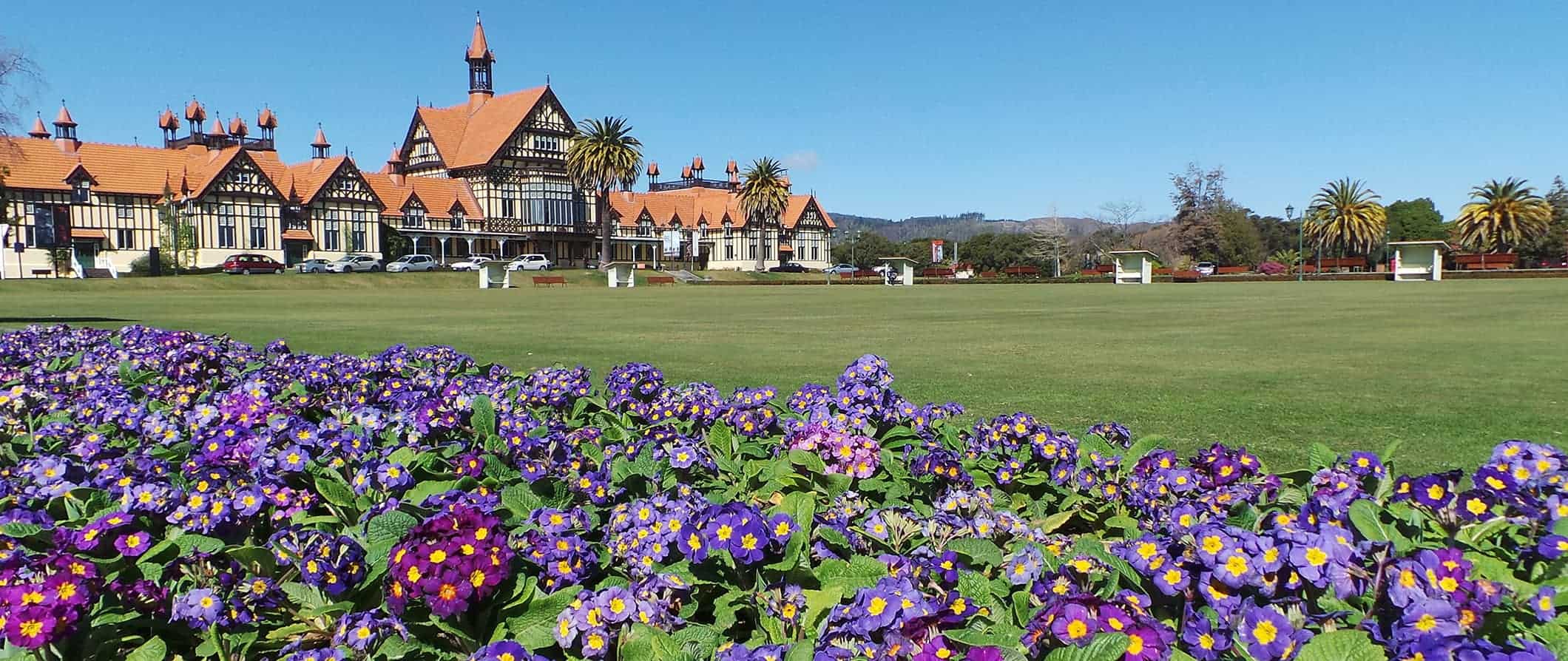 The Rotorua Museum, housed in a wood-timbered 19th-century bathhouse, a landmark in Rotorua, New Zealand.