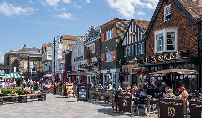 The bustling Market full of small shops and people in Salisbury, England