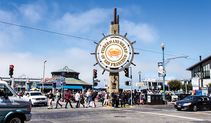 Fisherman's Warf of San Francisco at a crowded street in Ghirardelli Square, San Fran