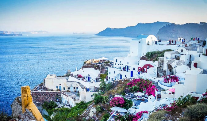 A beautiful vista overlooking the coastline of Santorini, Greece