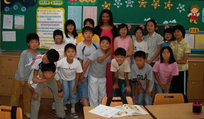 ESL teacher in South Korea with her elementary school students