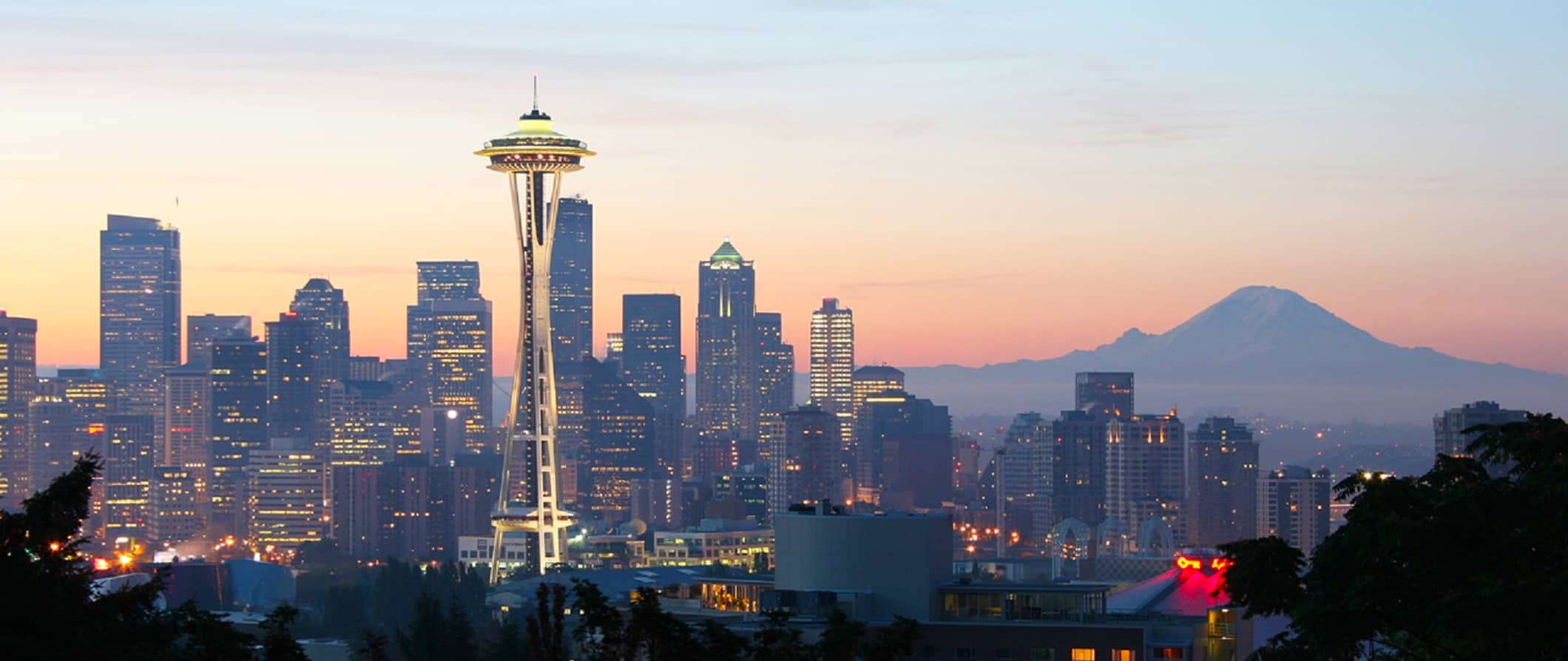 sunset on the Seattle Space Needle