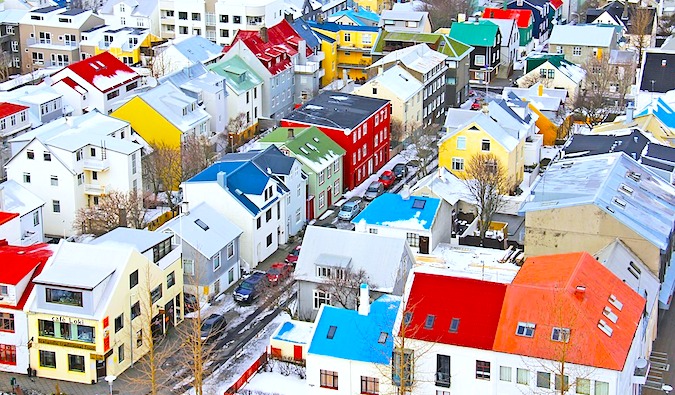 A colorful view of houses in Reykjavík, Iceland