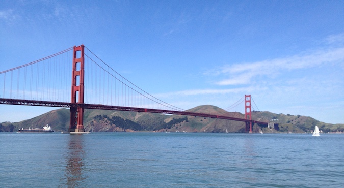 The full The Golden Gate Bridge on a sunny day in San Francisco, Cali