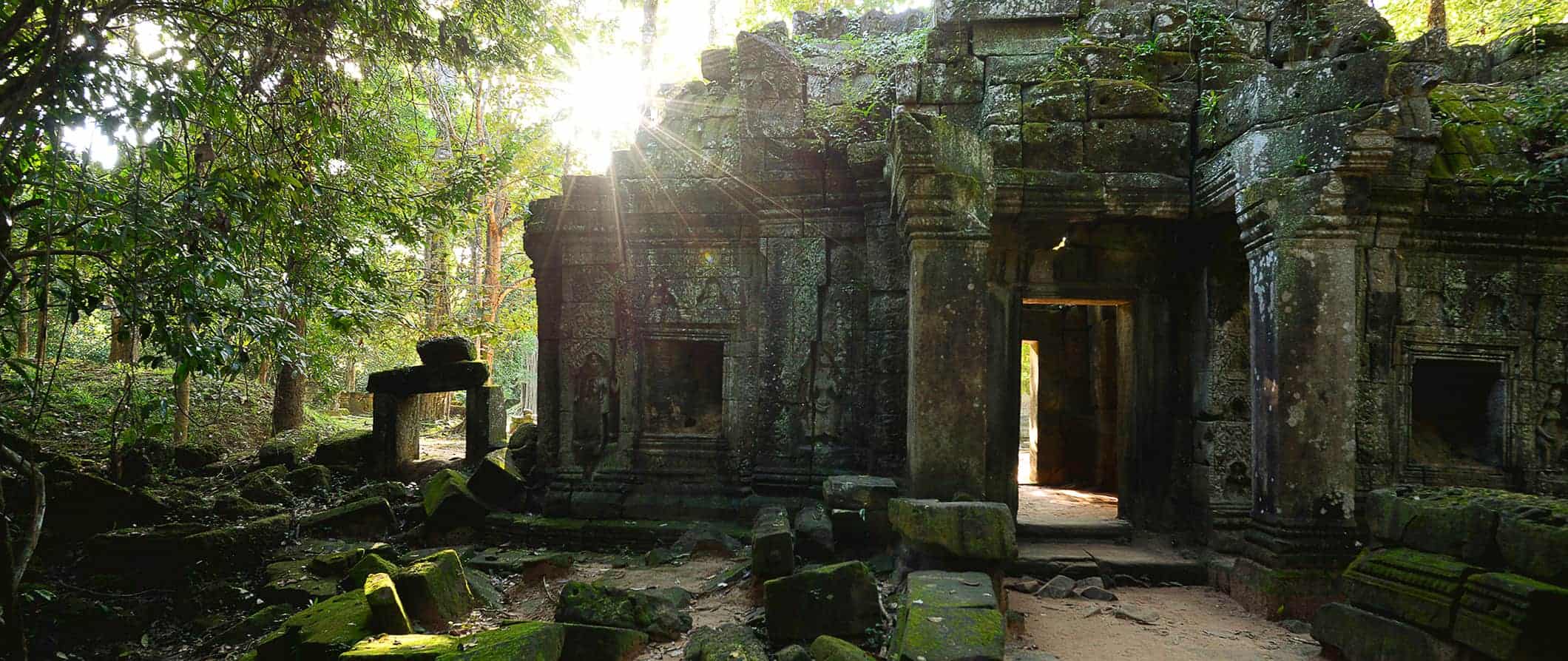 An ancient jungle temple in Angkor Wat surrounded by lush trees and greenery