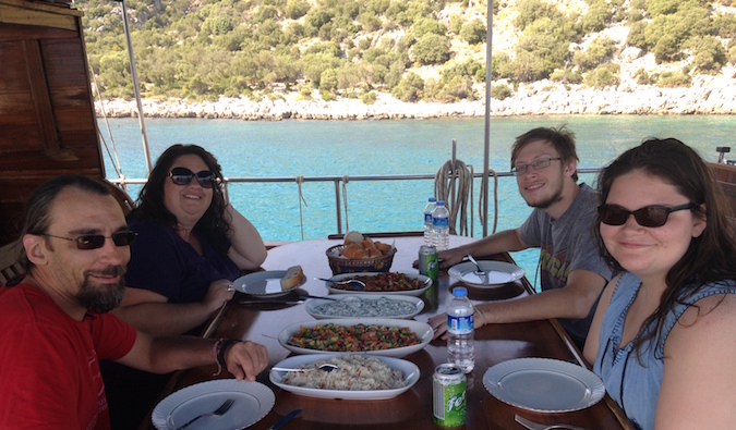 Schwarz family eating together on a Mediterranean cruise in Europe