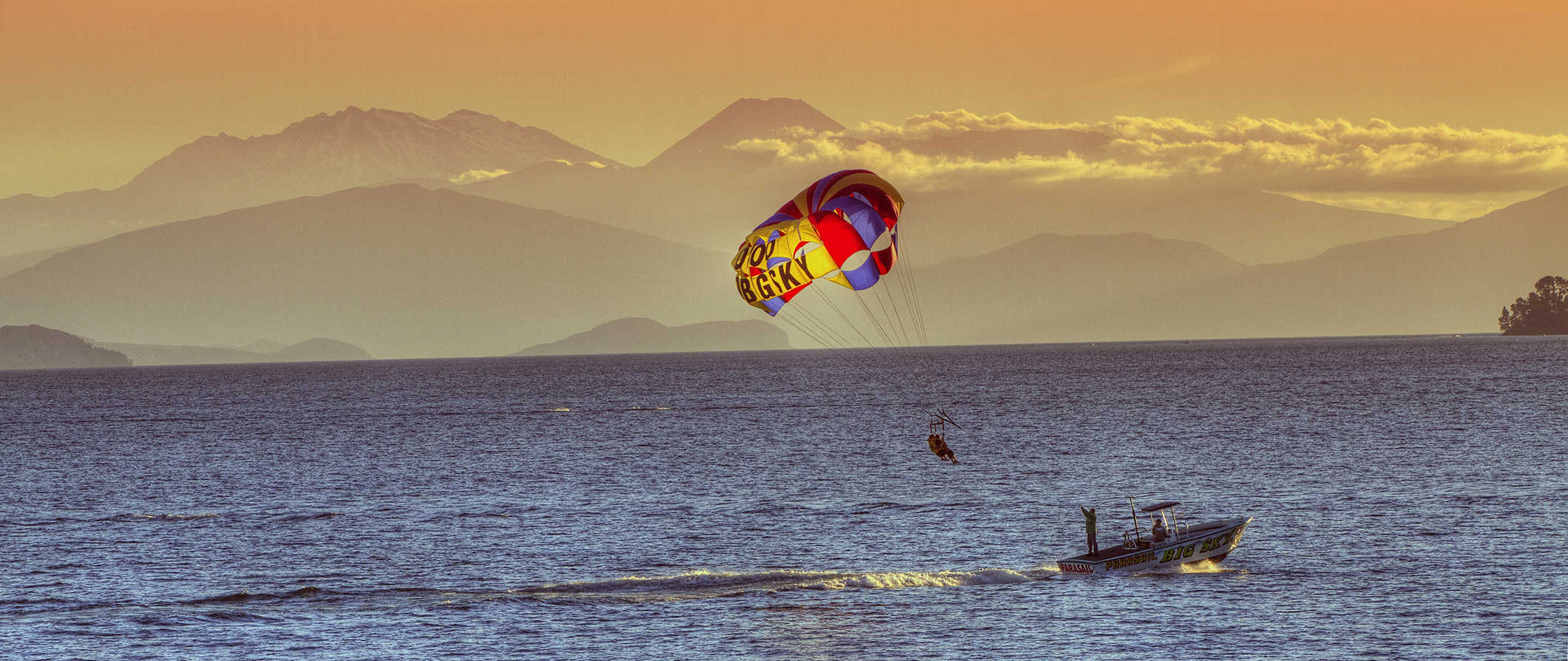 Parasailing on Lake Taupo in New Zealand.