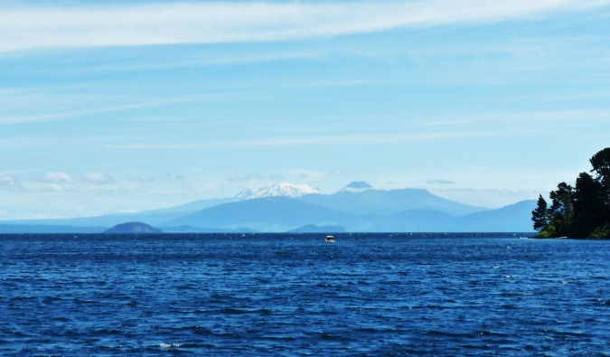 The blue waters of Lake Taupo on a sunny day in New Zealand