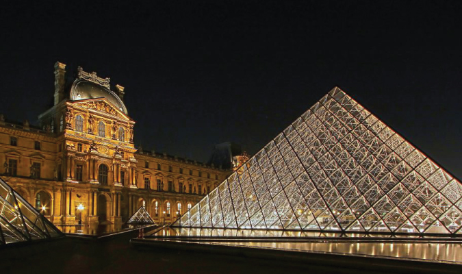 The glass pyramid at the Louvre in Paris lit up at night