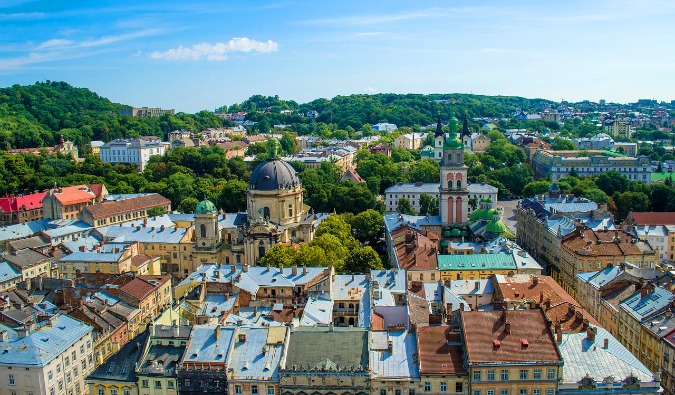 The rooftops of old buildings in Ukraine