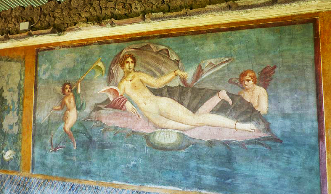 A colorful frescoes of Venus in the shell in Pompeii, Italy