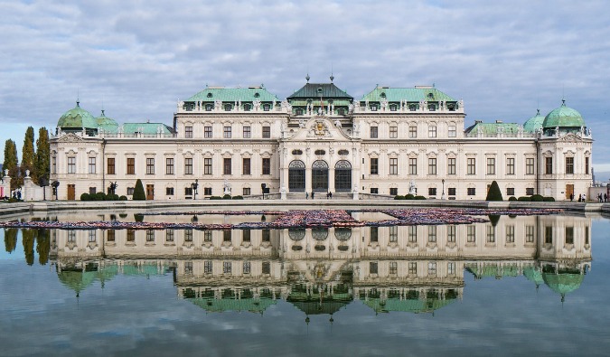 The sprawling Belvedere Palace in Vienna, Austria as seen from across the pond