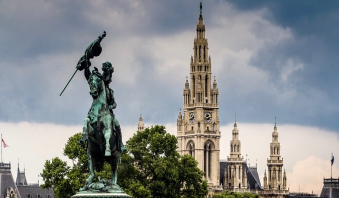 A historic statue and towering cathedral in Vienna, Austria