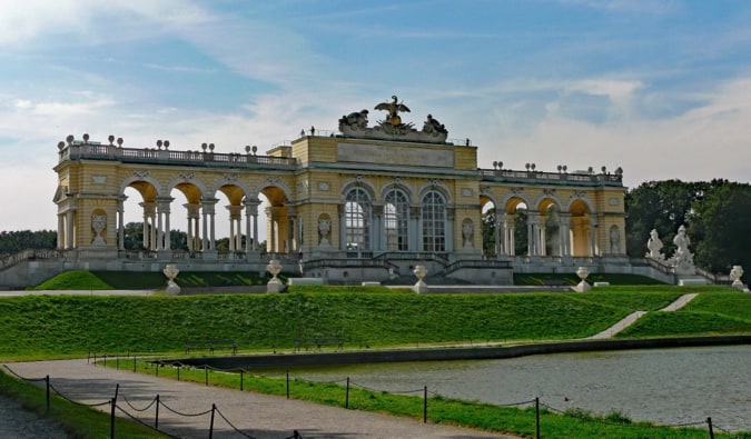 The historic Schonbrunn Palace in Vienna, Austria on a bright sunny day