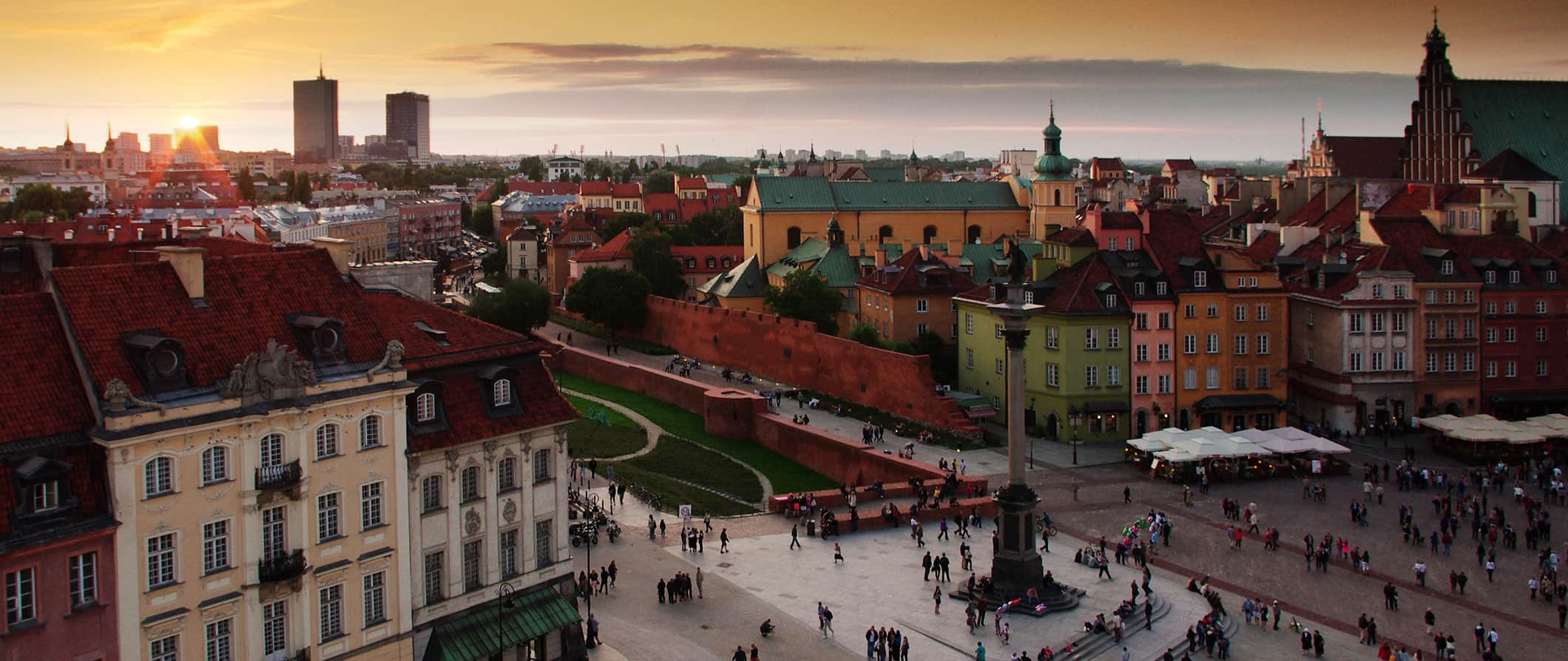 A sunset view overlooking the historic Old Town of Warsaw, Poland