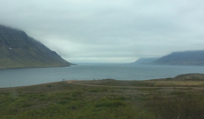 A cloudy day over the water of the Westfjords in Iceland